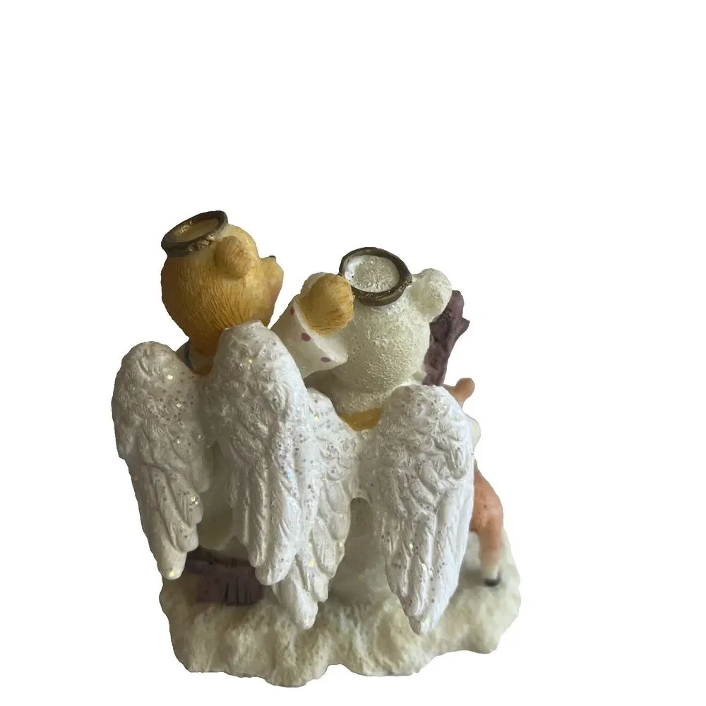Vintage Christmas Angel Bears Figurines White Green Resin Set Of 3 Boxed 3 Inch